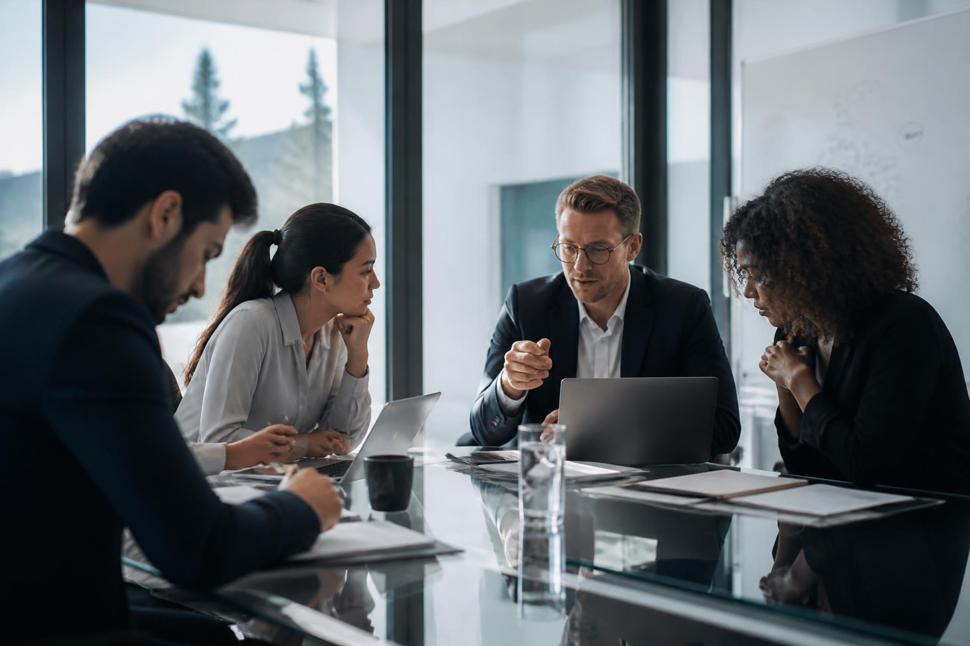 Equipo directivo internacional trabajando en una oficina moderna